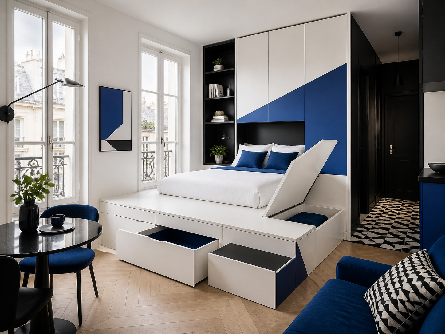 Chambre compacte avec rangements sur mesure