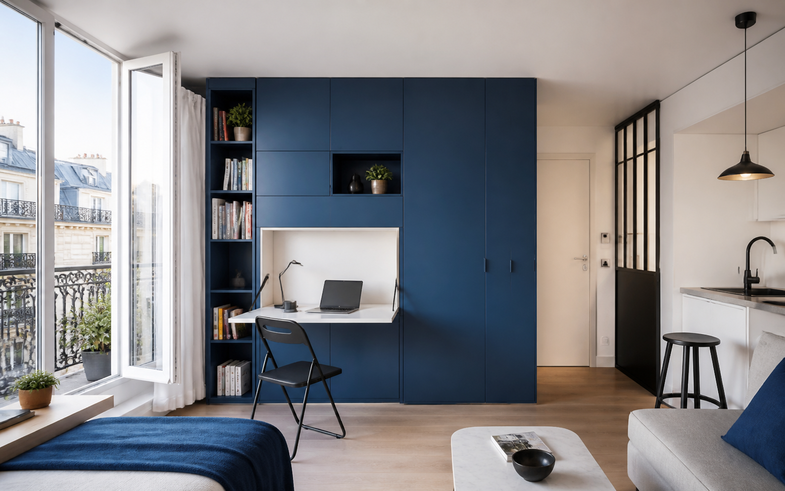 Appartement compact avec menuiserie intégrée bleue
